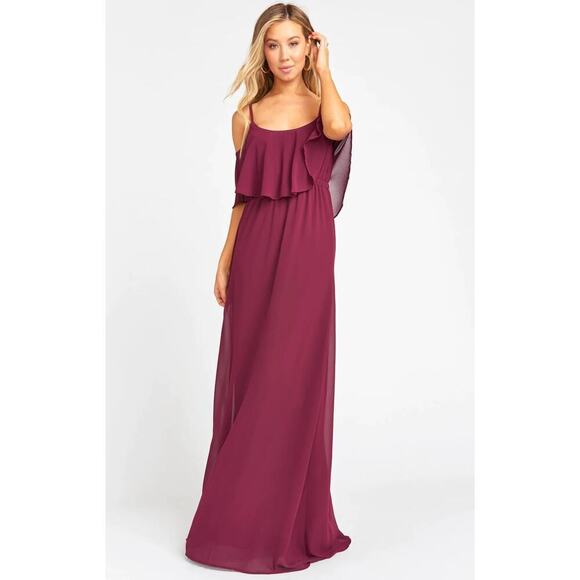 Show Me Your Mumu Caitlin Ruffle Maxi Dress Chiffon Merlot - Picture 1 of 8
